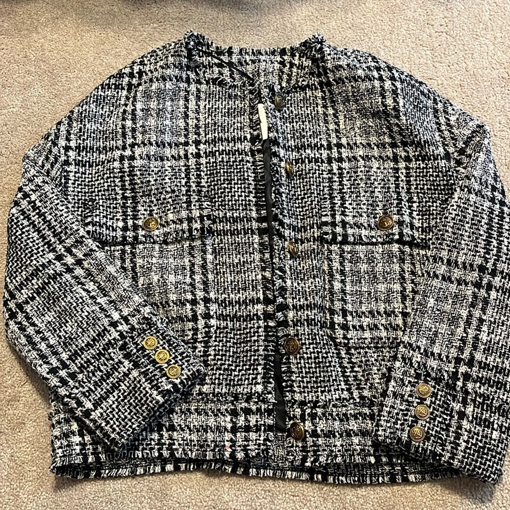 Women’s Zara black white tweed jacket blazer xs oversized baggy crop bronze